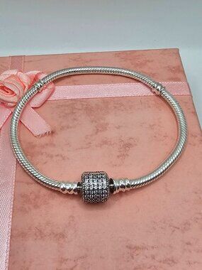 Sterling Silver 925 Rhodium Plated Signature Clasp CZ Lock Snake Bracelet Sz 18